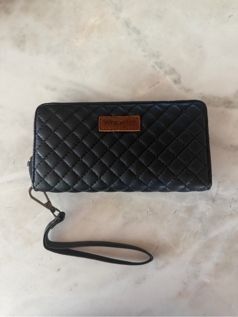 Wrangler Black Quilted Wristlet with Brown Logo Patch